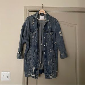 Zara Long oversized distressed denim jacket